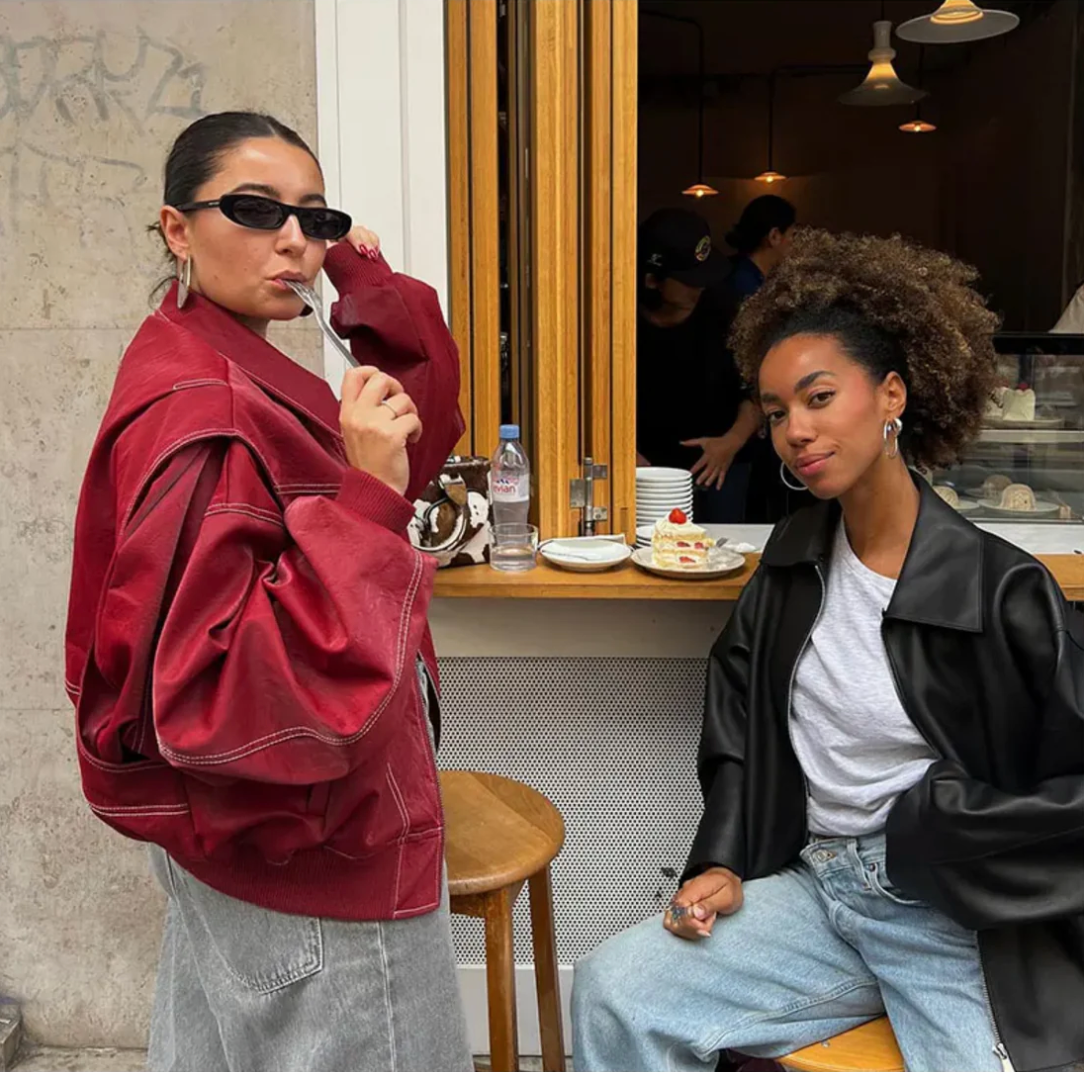 Women's Red Bomber Jacket Collared Neck Ribbed Cuffs Oversized Casual Jacket