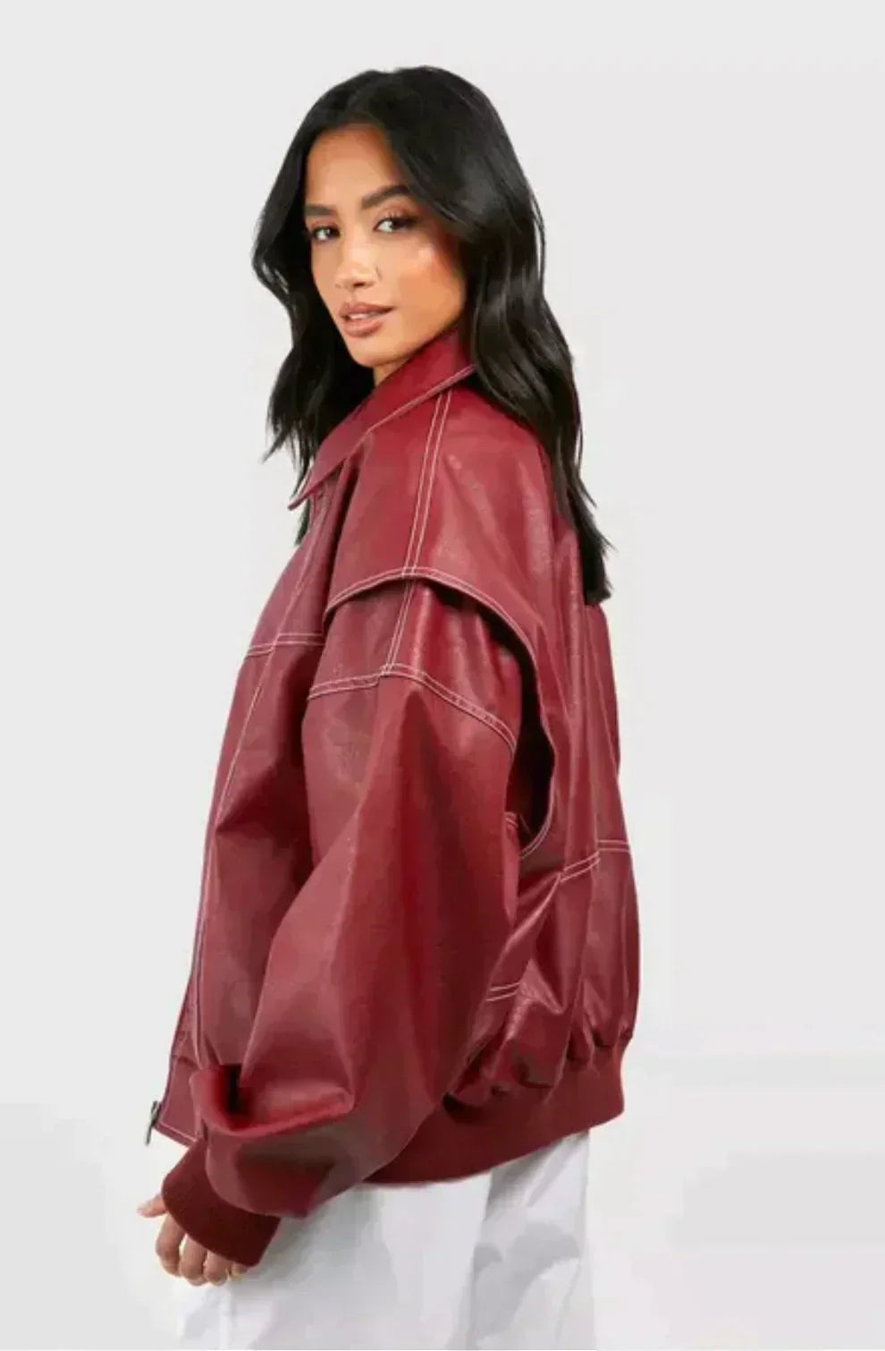 Women's Red Bomber Jacket Collared Neck Ribbed Cuffs Oversized Casual Jacket