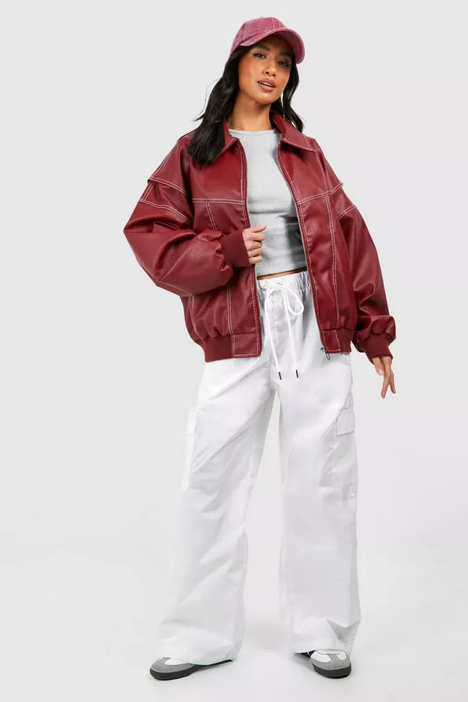 Women's Red Bomber Jacket Collared Neck Ribbed Cuffs Oversized Casual Jacket