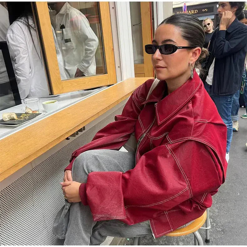 Women's Red Bomber Jacket Collared Neck Ribbed Cuffs Oversized Casual Jacket