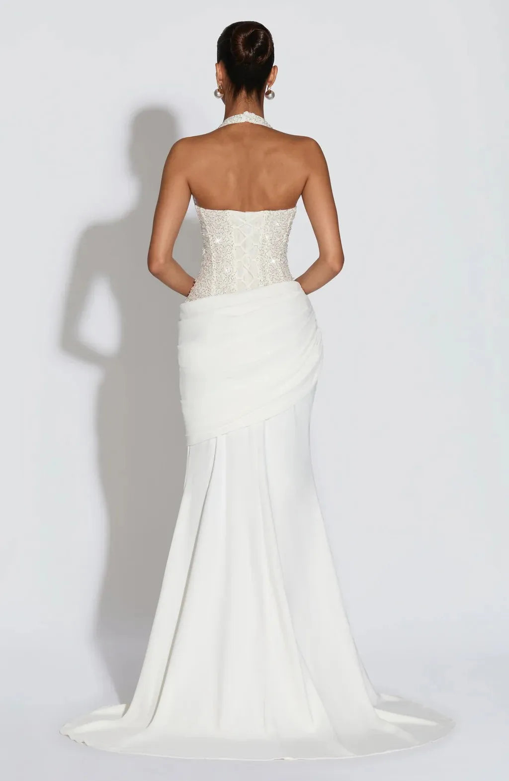 Women's Halter Neck Wedding Guest Maxi Dress Sequin Bodice Backless Bridal Gown