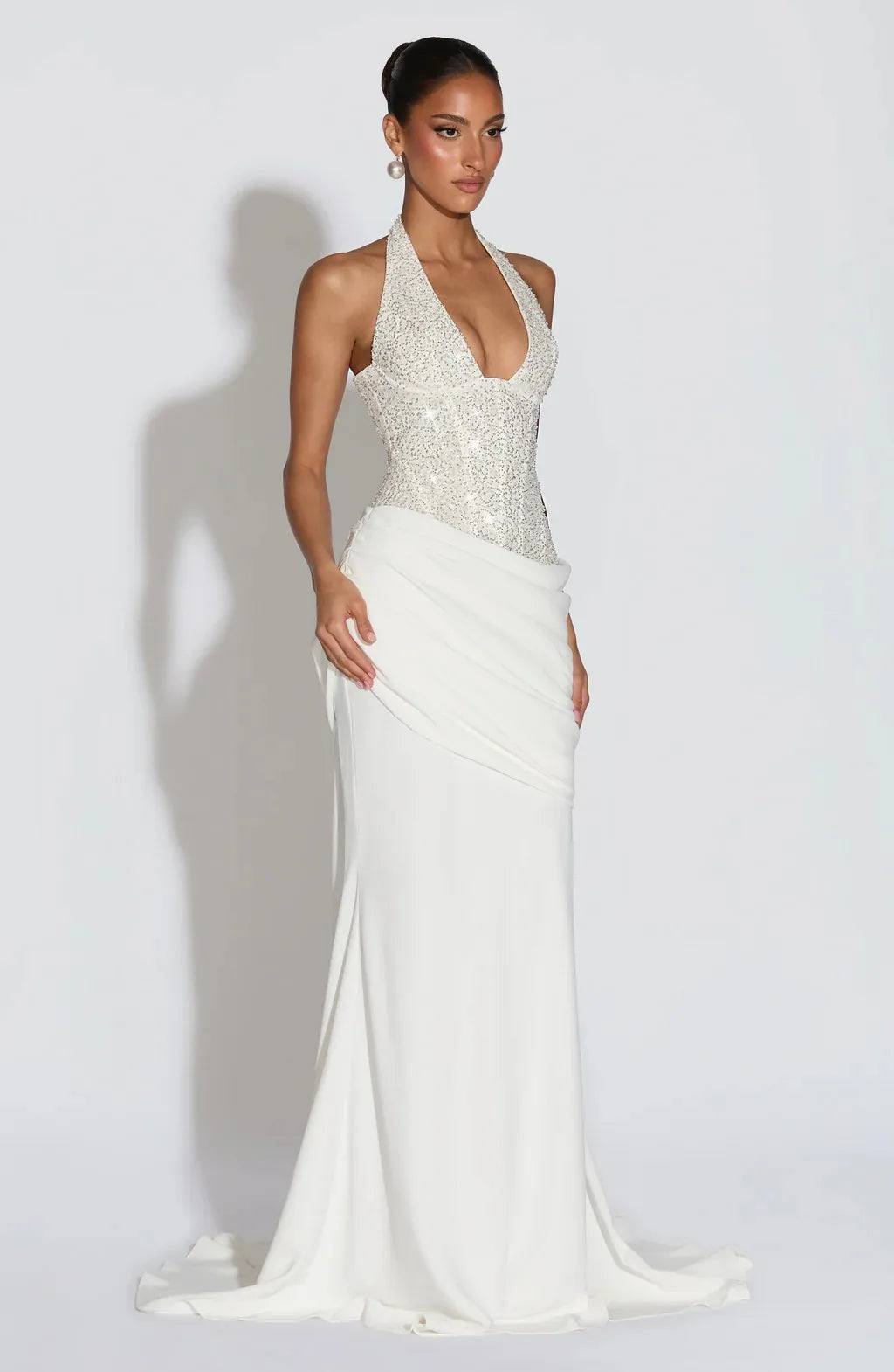 Women's Halter Neck Wedding Guest Maxi Dress Sequin Bodice Backless Bridal Gown