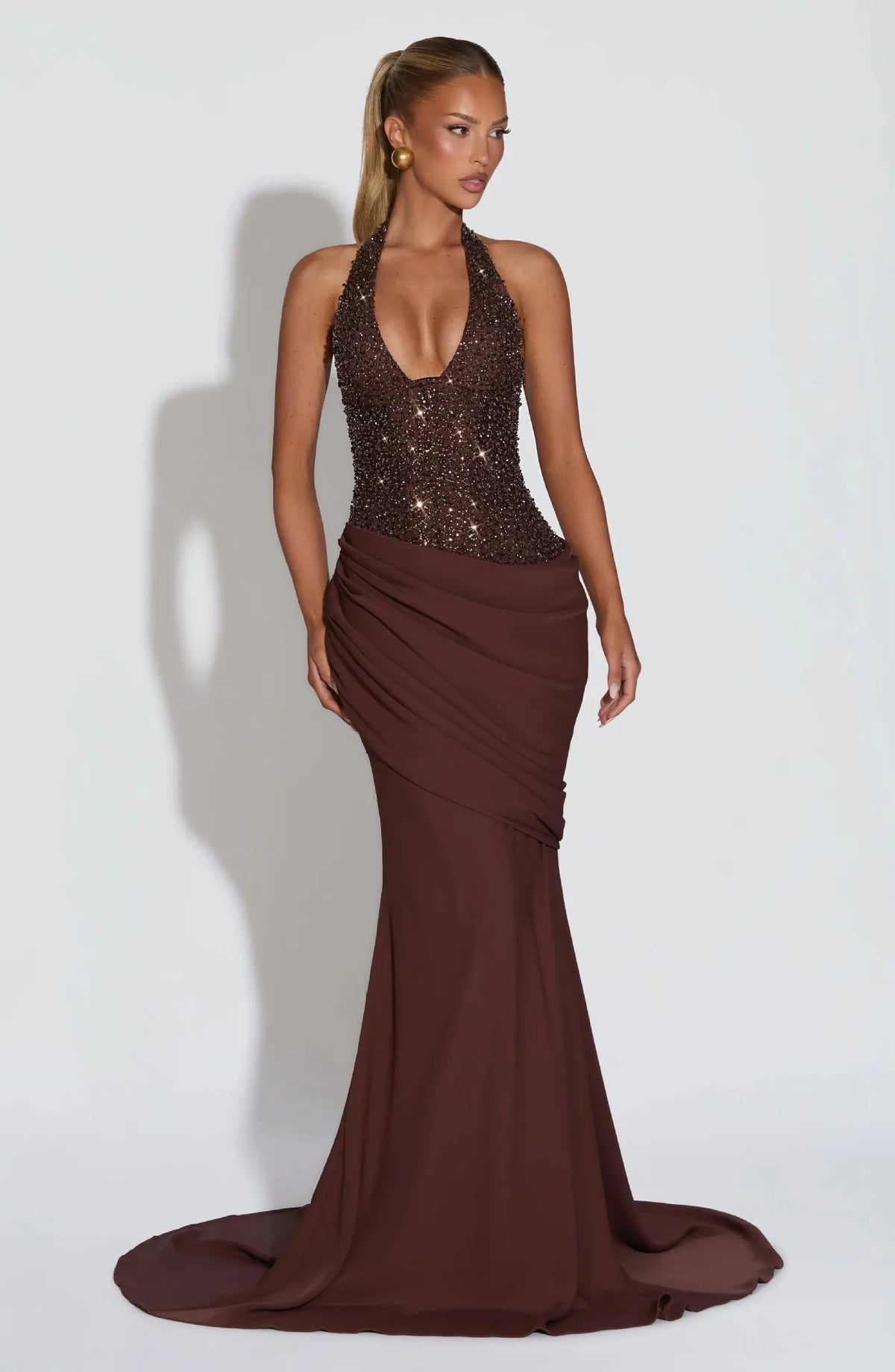 Women's Halter Neck Wedding Guest Maxi Dress Sequin Bodice Backless Bridal Gown