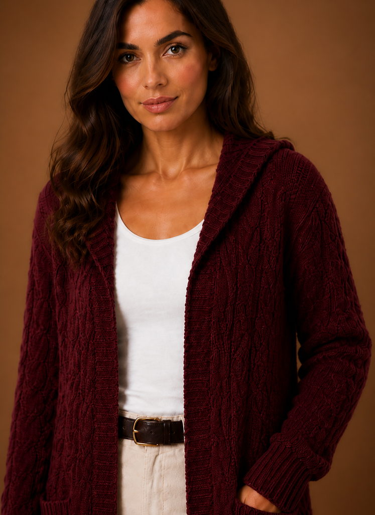 Women's Cable Knit Cardigan Hooded Long Sleeve Open Front Green Sweater
