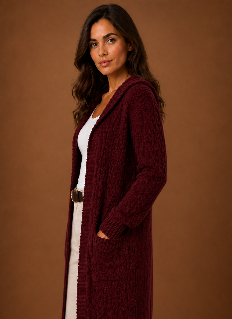 Women's Cable Knit Cardigan Hooded Long Sleeve Open Front Green Sweater