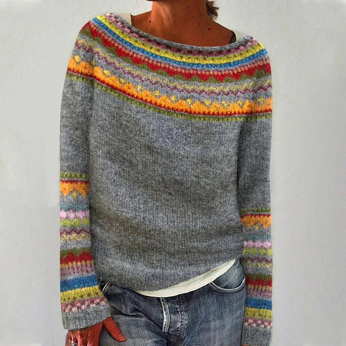 Women's Fair Isle Knit Sweater Boat Neck Long Sleeve Colorful Winter Pullover