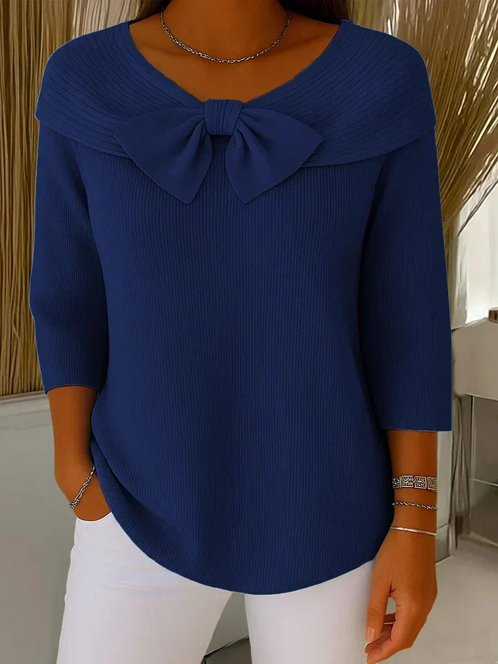 Women's Bow Neck Sweater 3/4 Sleeve Ribbed Knit Pullover Top Casual