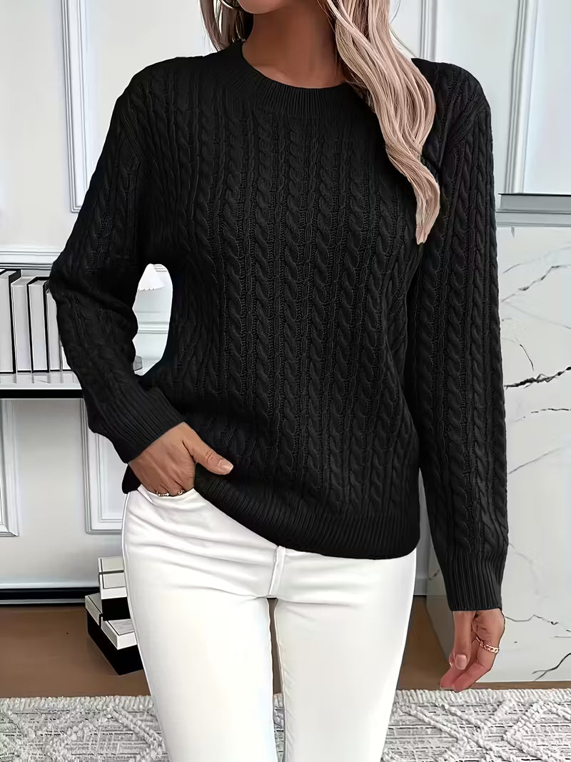 Women's Cable Knit Sweater Crew Neck Long Sleeve Pullover Casual