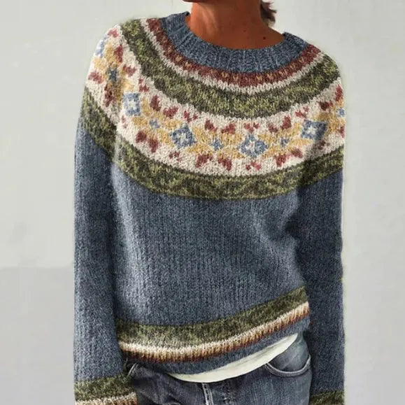 Women's Fair Isle Knit Sweater Boat Neck Long Sleeve Colorful Winter Pullover