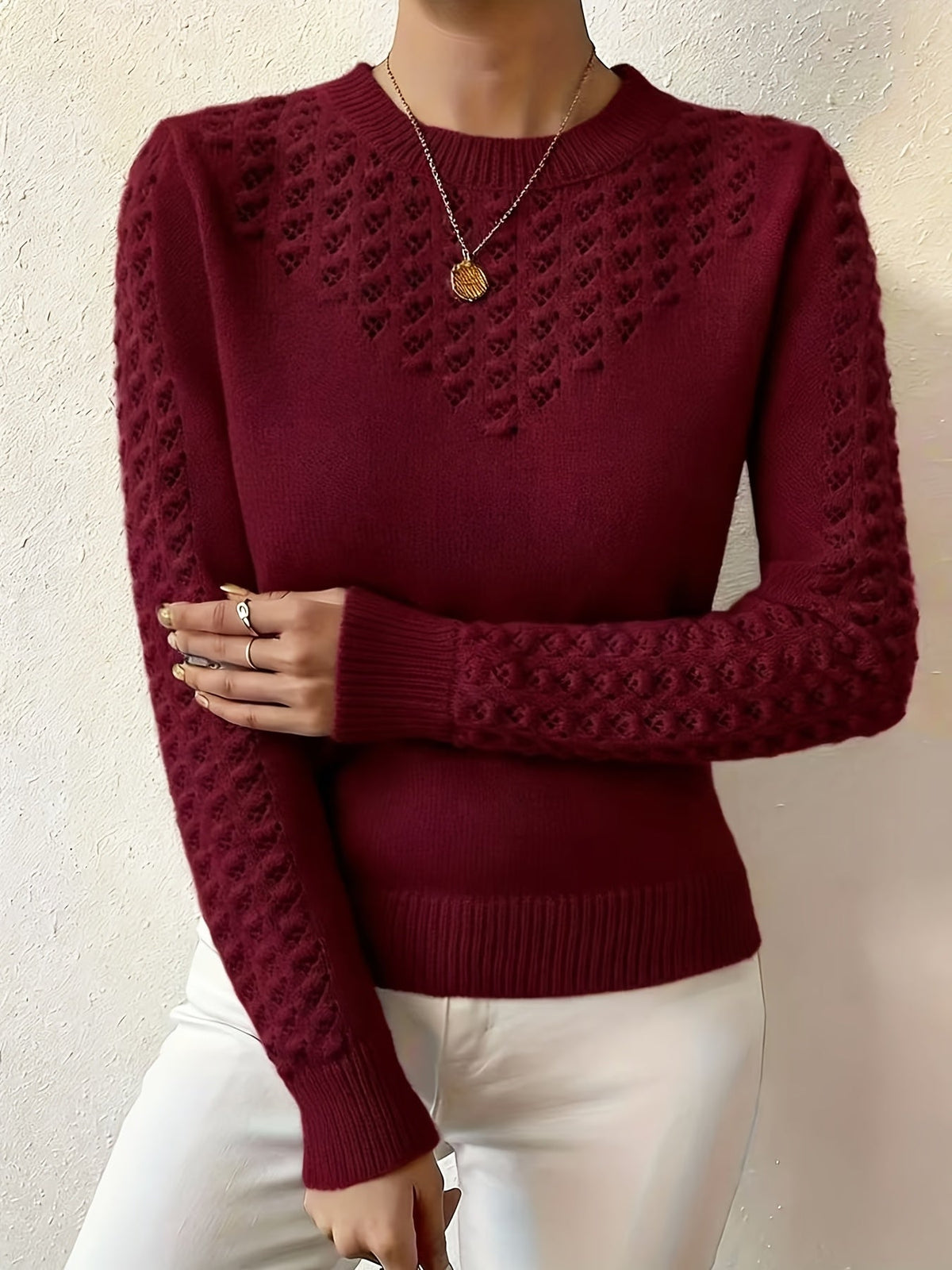 Women's Pointelle Crew Neck Sweater Long Sleeve Knit Casual Pullover