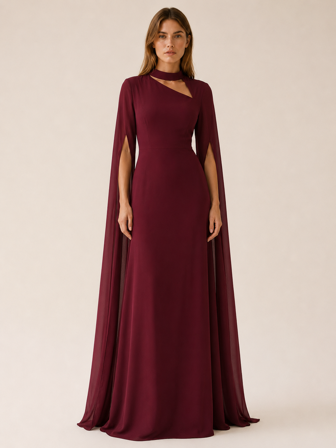 Women's Chiffon Maxi Dress Cape Sleeve Asymmetric Cutout Neck Evening Gown