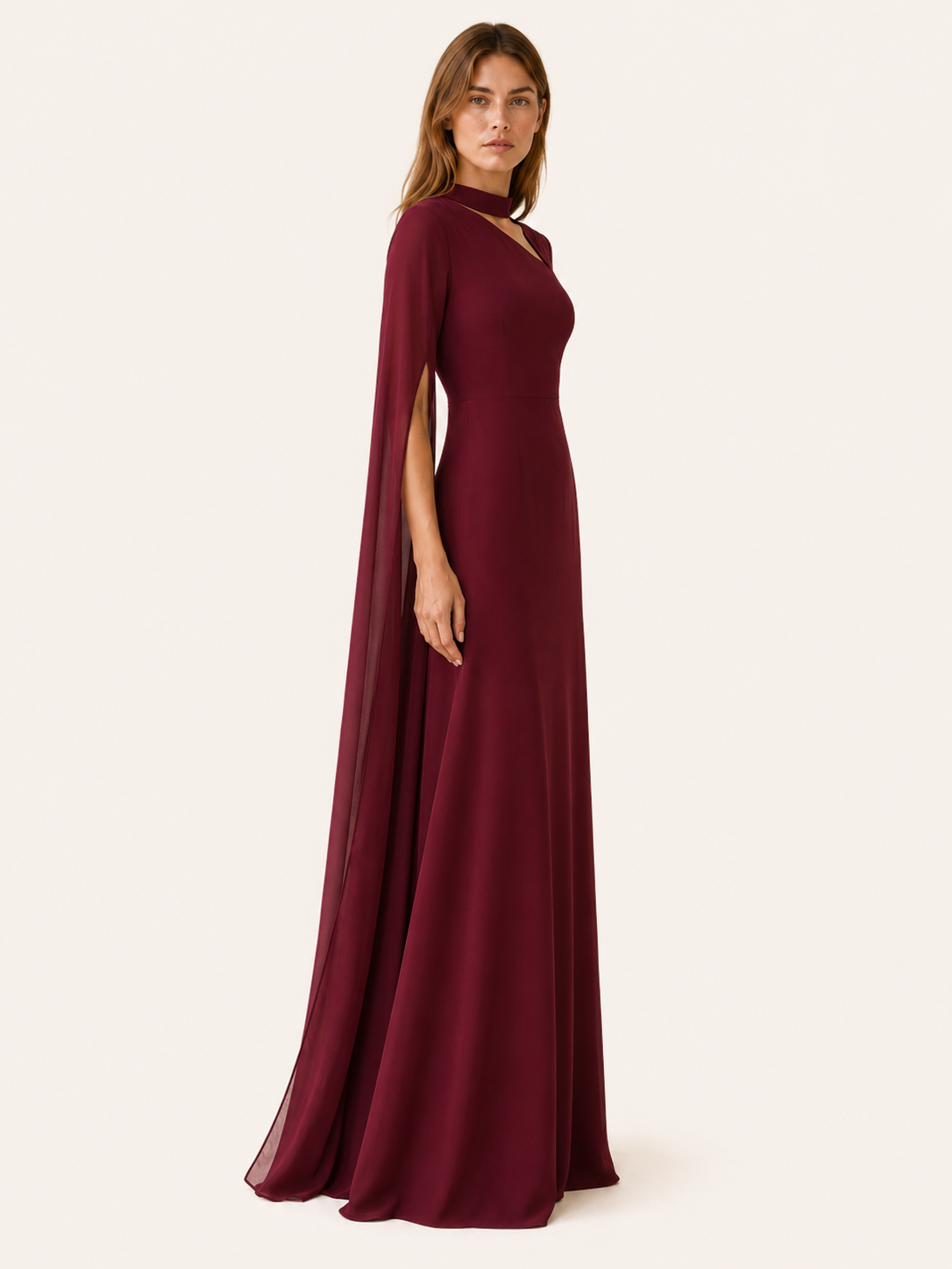 Women's Chiffon Maxi Dress Cape Sleeve Asymmetric Cutout Neck Evening Gown