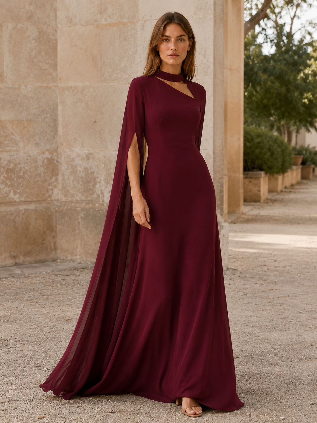Women's Chiffon Maxi Dress Cape Sleeve Asymmetric Cutout Neck Evening Gown