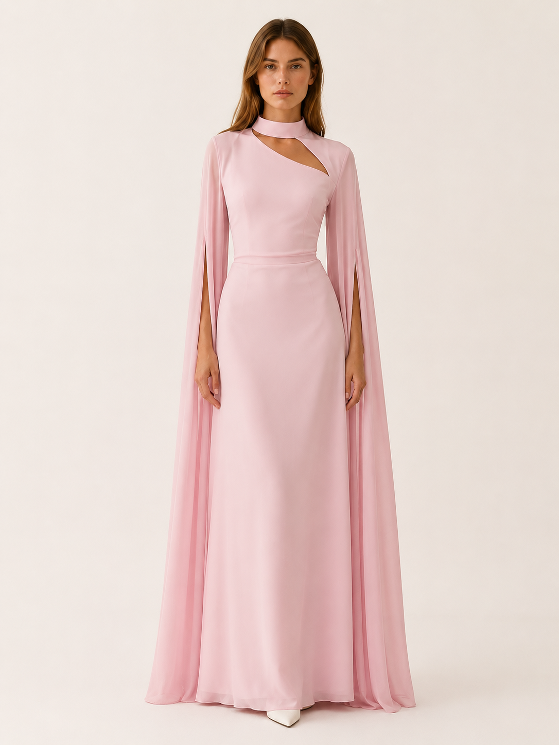 Women's Chiffon Maxi Dress Cape Sleeve Asymmetric Cutout Neck Evening Gown