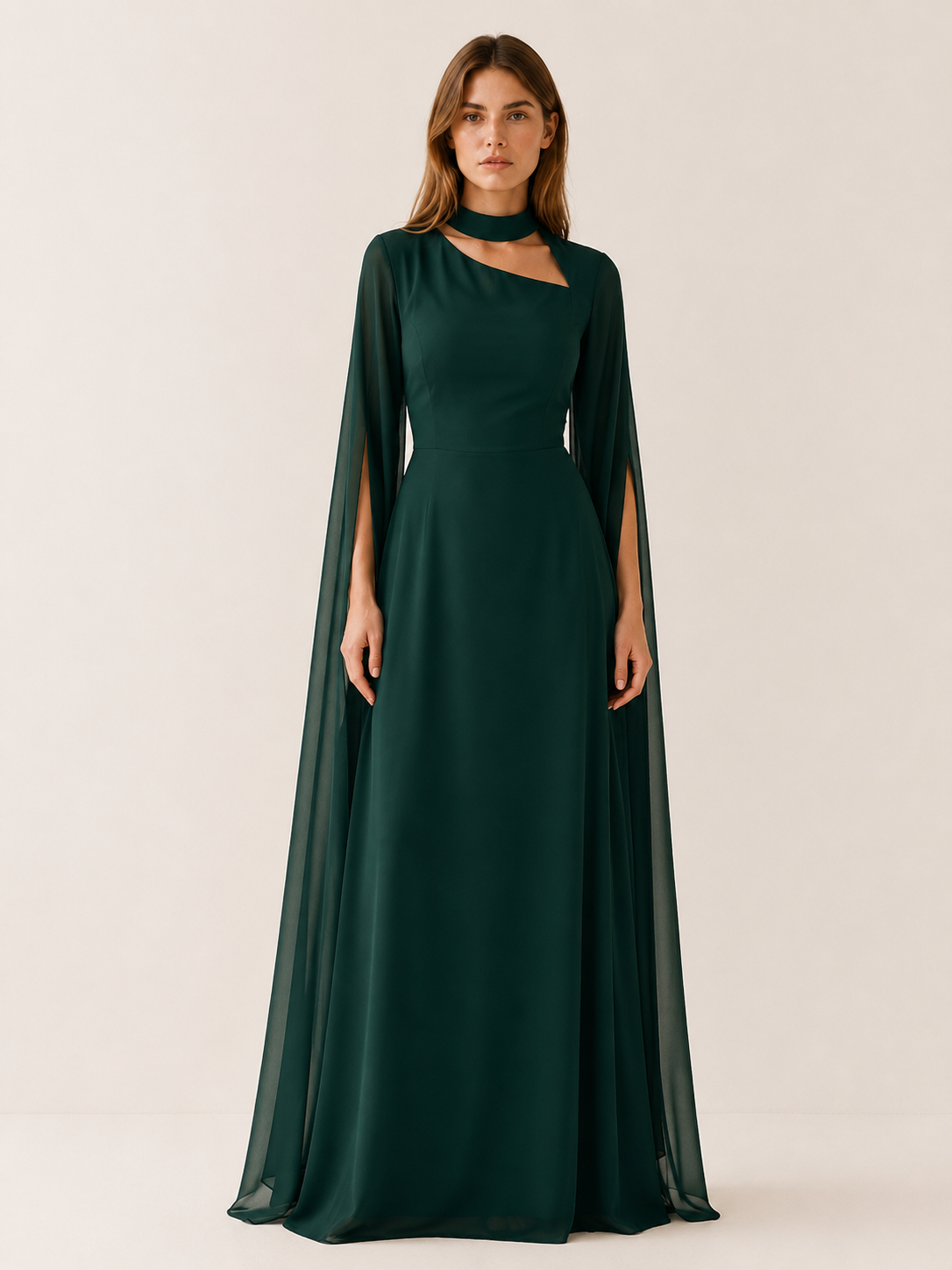 Women's Chiffon Maxi Dress Cape Sleeve Asymmetric Cutout Neck Evening Gown