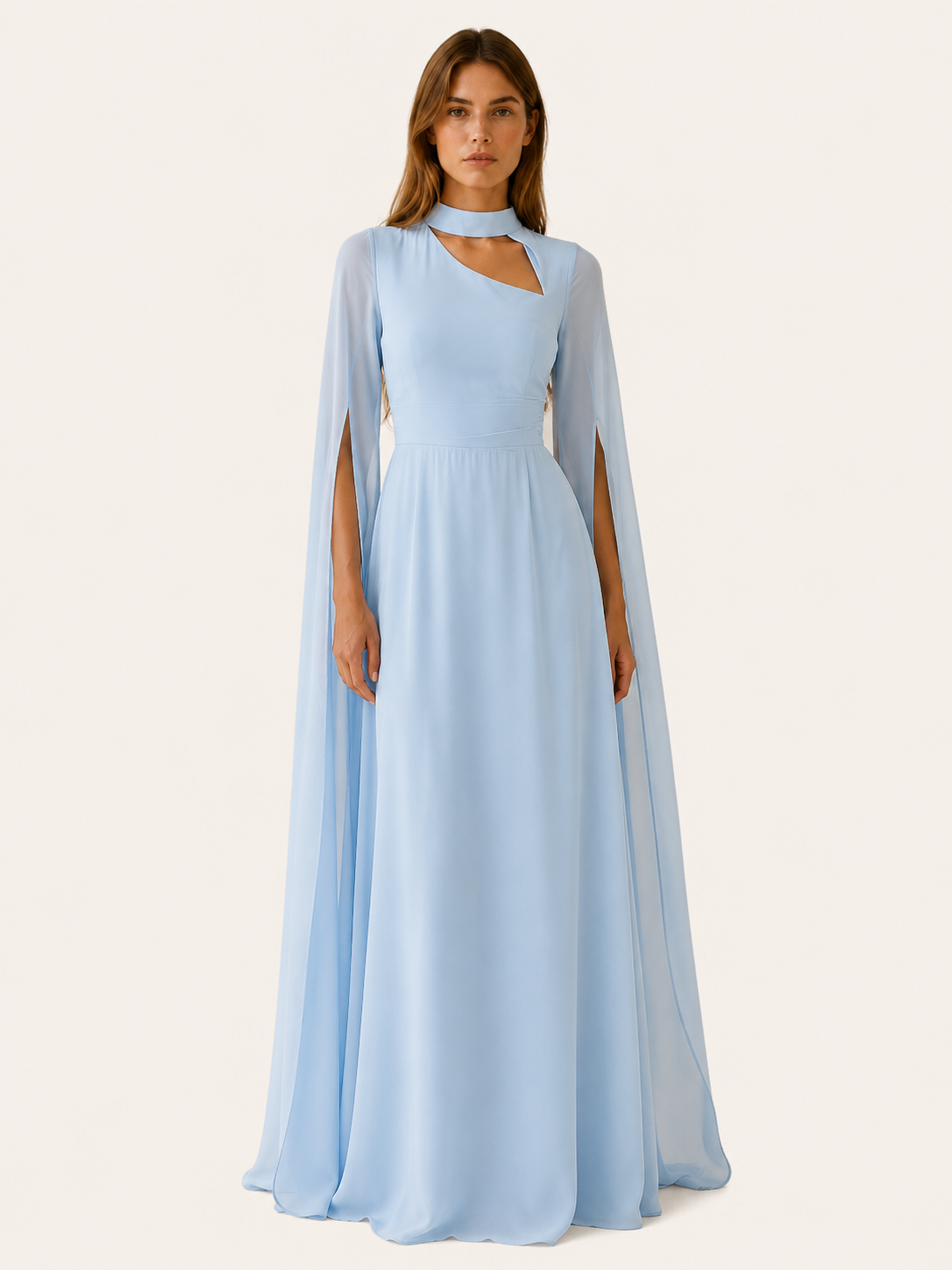 Women's Chiffon Maxi Dress Cape Sleeve Asymmetric Cutout Neck Evening Gown