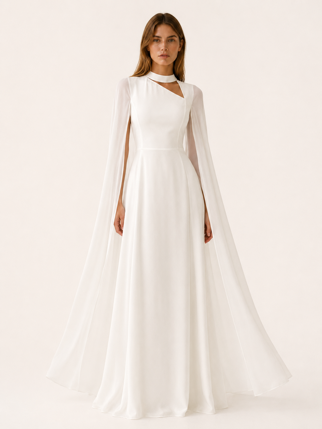 Women's Chiffon Maxi Dress Cape Sleeve Asymmetric Cutout Neck Evening Gown