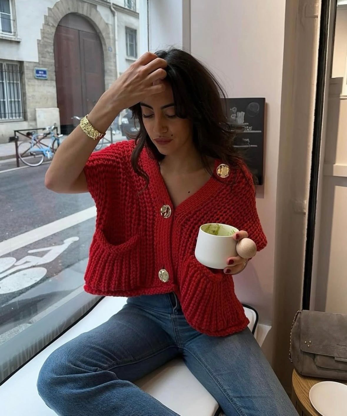 Women's Knit Vest Sleeveless Crew Neck Button Front Textured Patch Pockets