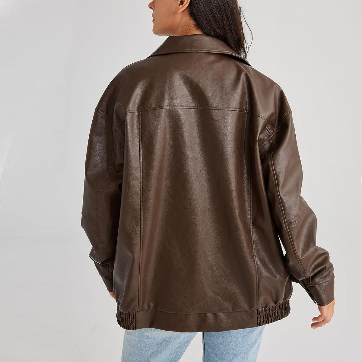 Women's Oversized Bomber Jacket Zip-Front Collared Long Sleeve Casual