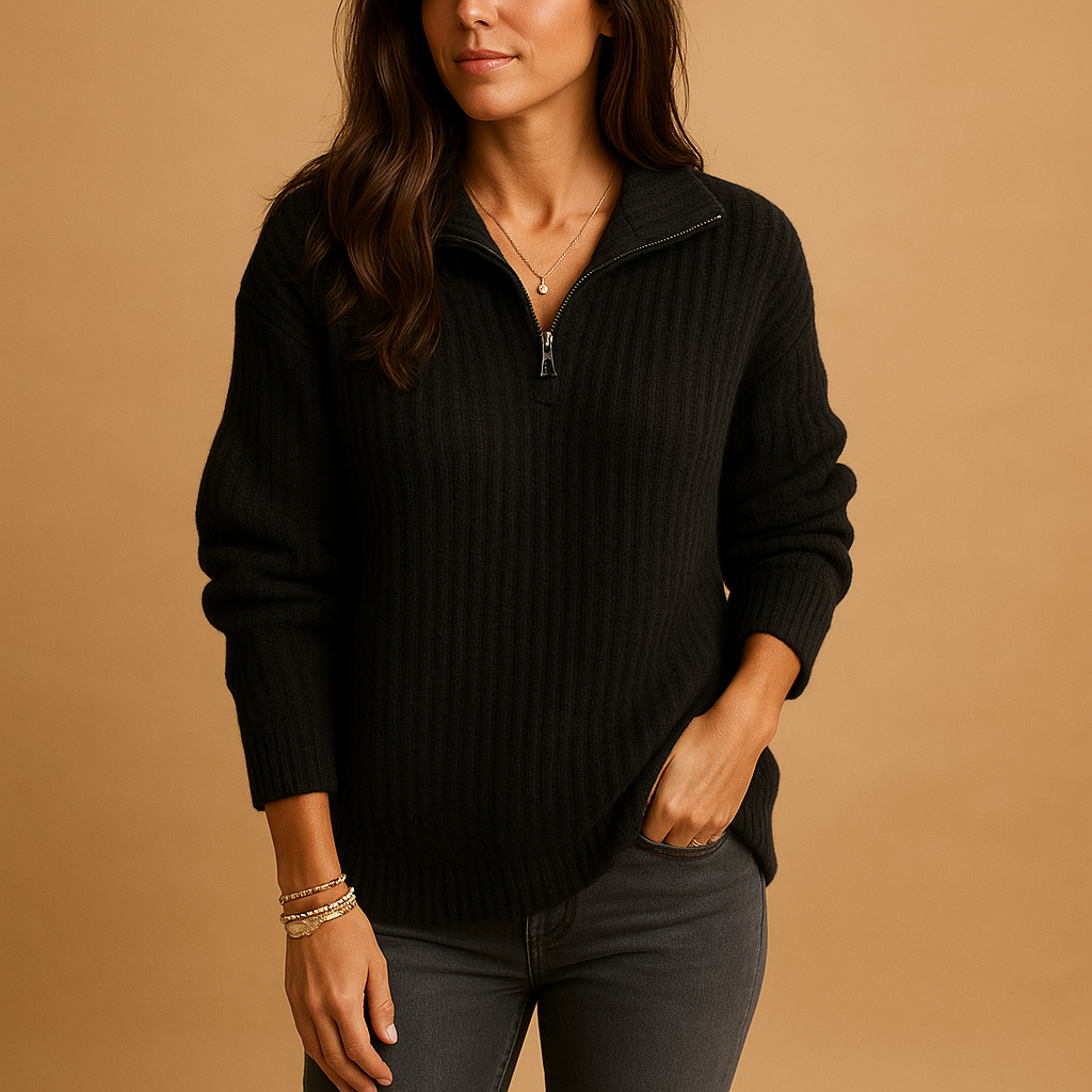 Women's Half Zip Sweater Ribbed Knit Collared Long Sleeve Pullover