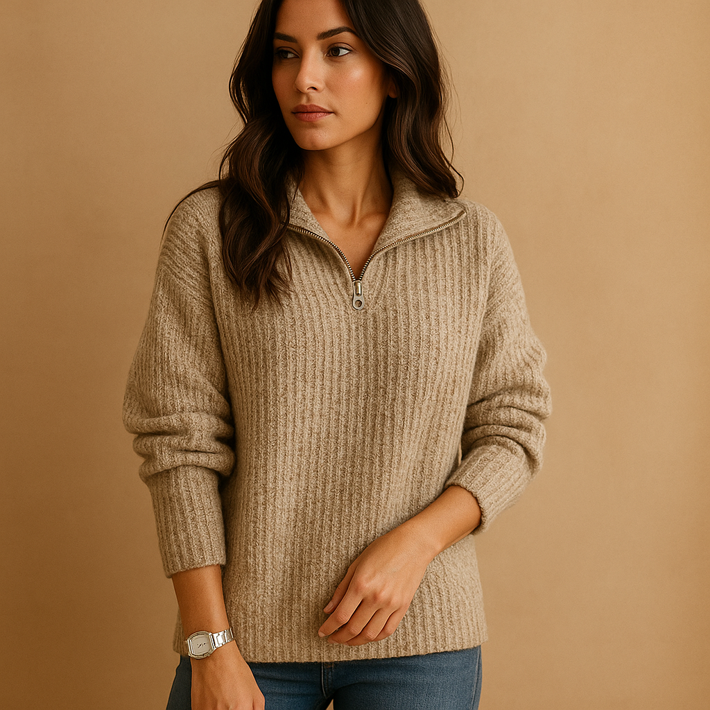 Women's Half Zip Sweater Ribbed Knit Collared Long Sleeve Pullover