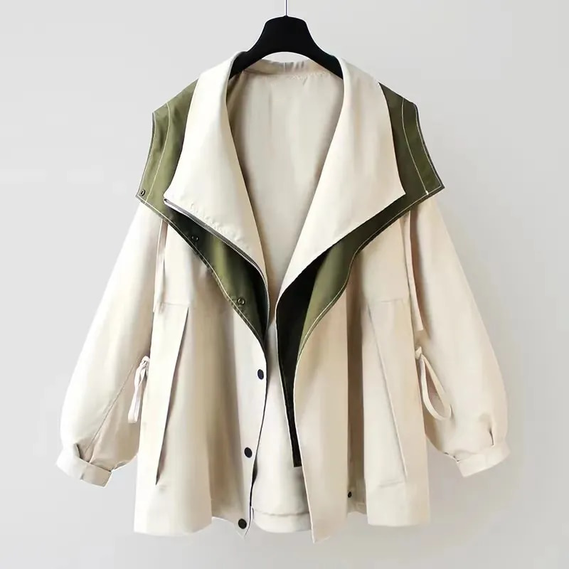 Women's Hooded Trench Coat Colorblock Drawstring Waist Zip Button Casual Jacket