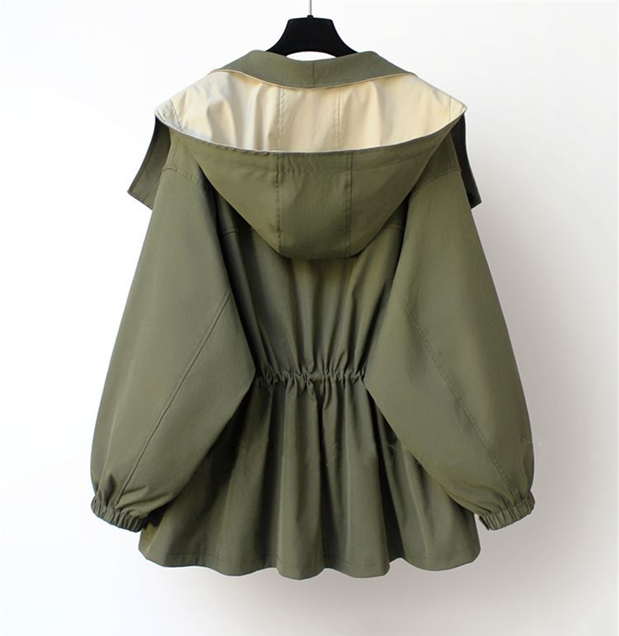 Women's Hooded Trench Coat Colorblock Drawstring Waist Zip Button Casual Jacket
