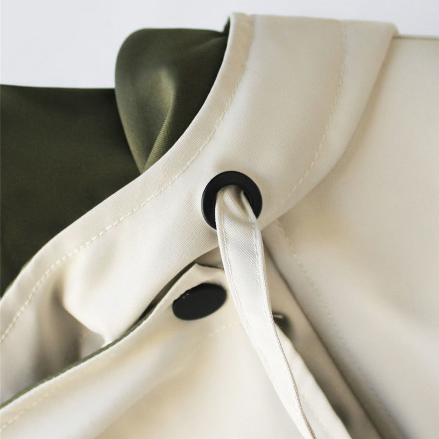 Women's Hooded Trench Coat Colorblock Drawstring Waist Zip Button Casual Jacket