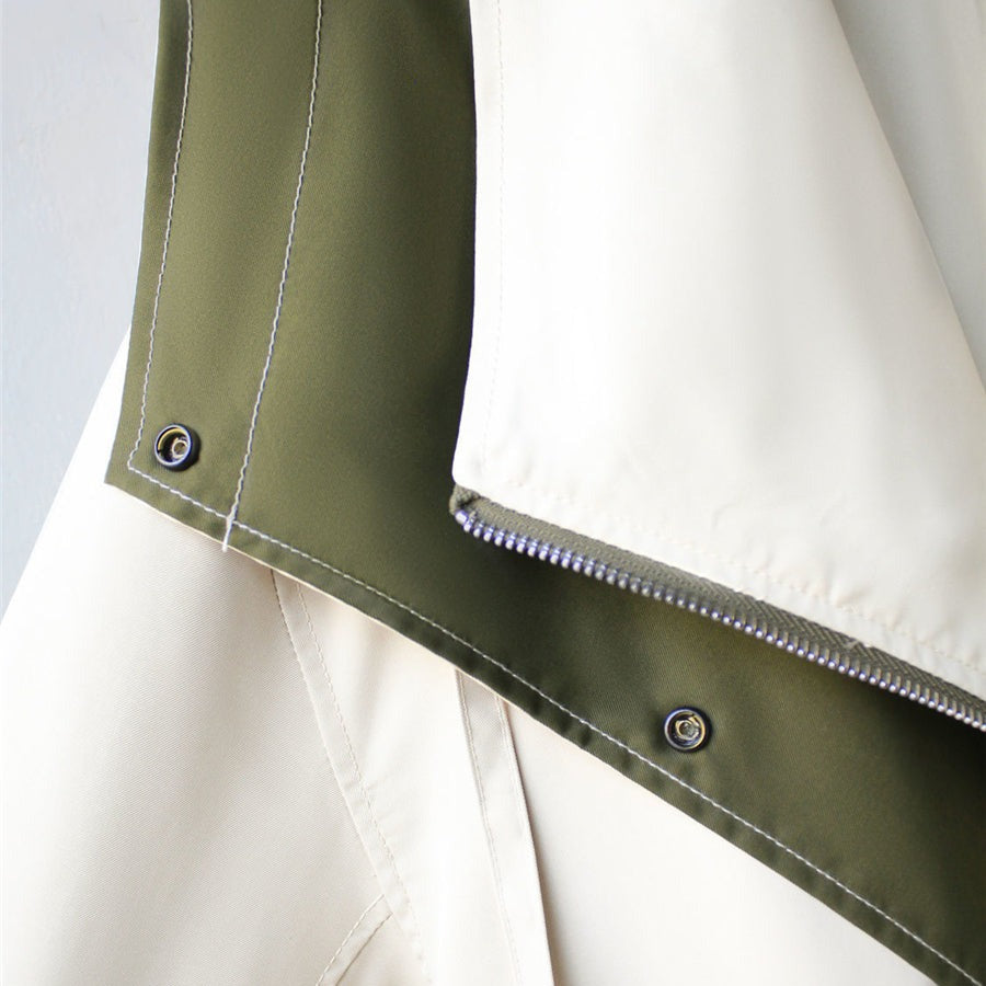 Women's Hooded Trench Coat Colorblock Drawstring Waist Zip Button Casual Jacket