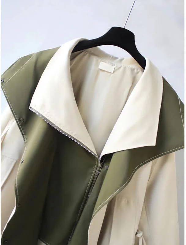 Women's Hooded Trench Coat Colorblock Drawstring Waist Zip Button Casual Jacket