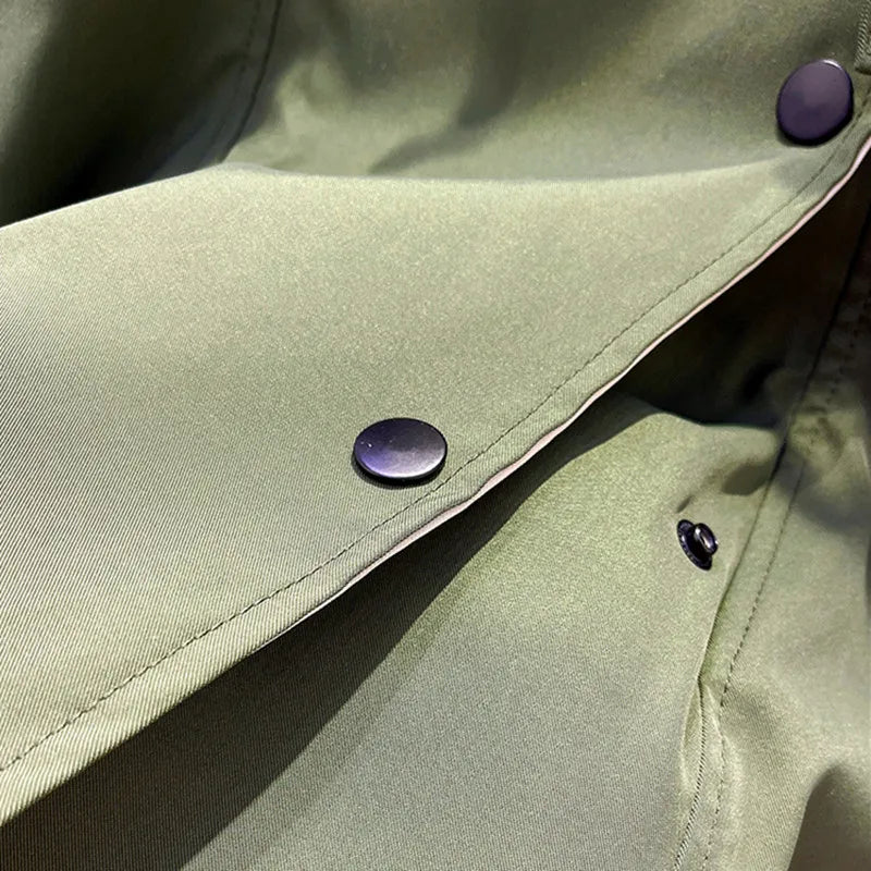 Women's Hooded Trench Coat Colorblock Drawstring Waist Zip Button Casual Jacket
