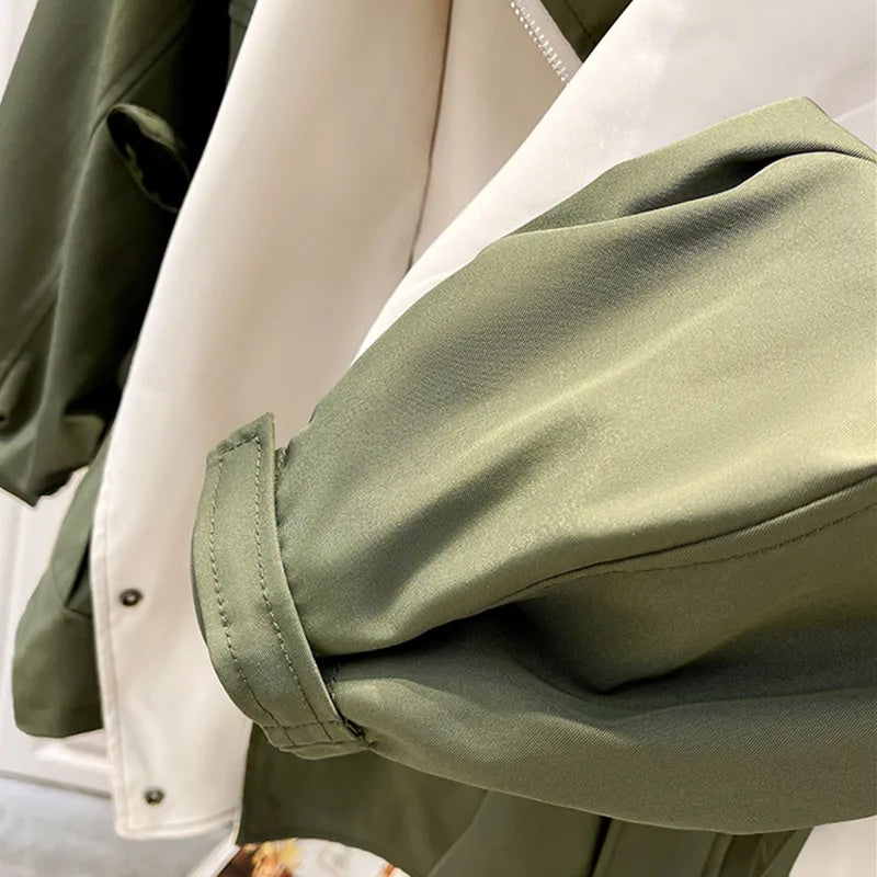 Women's Hooded Trench Coat Colorblock Drawstring Waist Zip Button Casual Jacket