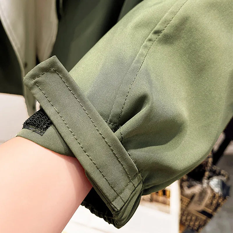 Women's Hooded Trench Coat Colorblock Drawstring Waist Zip Button Casual Jacket