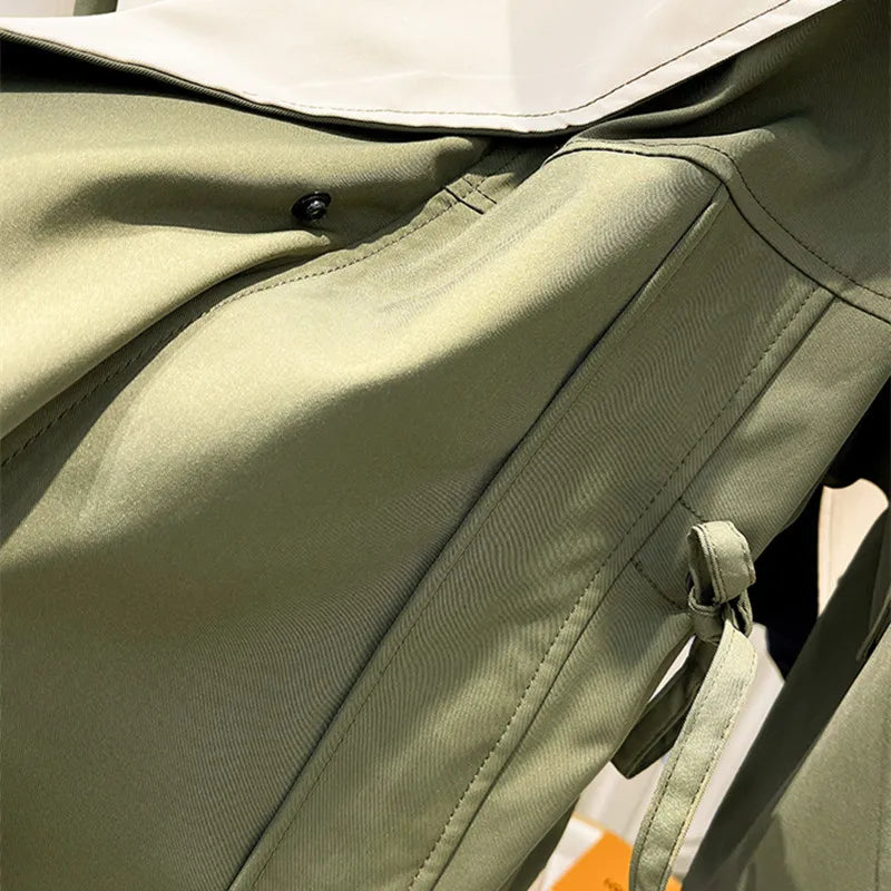 Women's Hooded Trench Coat Colorblock Drawstring Waist Zip Button Casual Jacket
