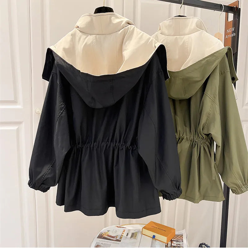 Women's Hooded Trench Coat Colorblock Drawstring Waist Zip Button Casual Jacket