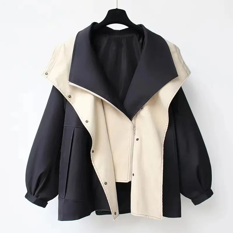 Women's Hooded Trench Coat Colorblock Drawstring Waist Zip Button Casual Jacket