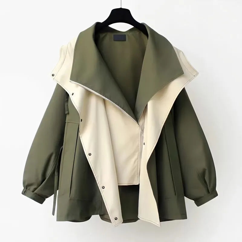 Women's Hooded Trench Coat Colorblock Drawstring Waist Zip Button Casual Jacket