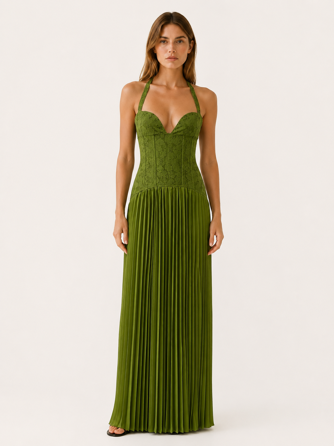 Women's Lace Bodice Maxi Dress Halter Neck Pleated Skirt Sweetheart Neckline
