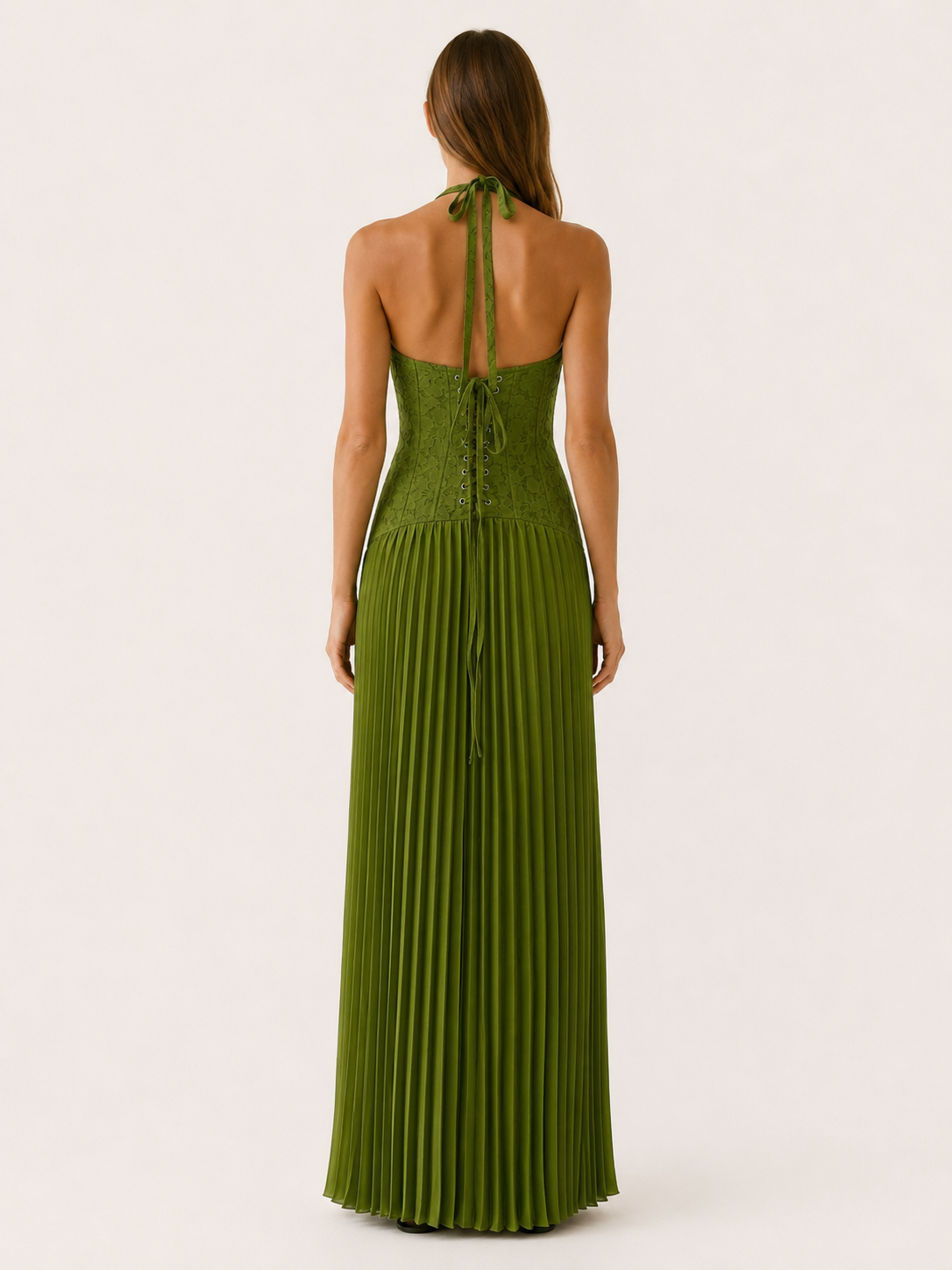 Women's Lace Bodice Maxi Dress Halter Neck Pleated Skirt Sweetheart Neckline