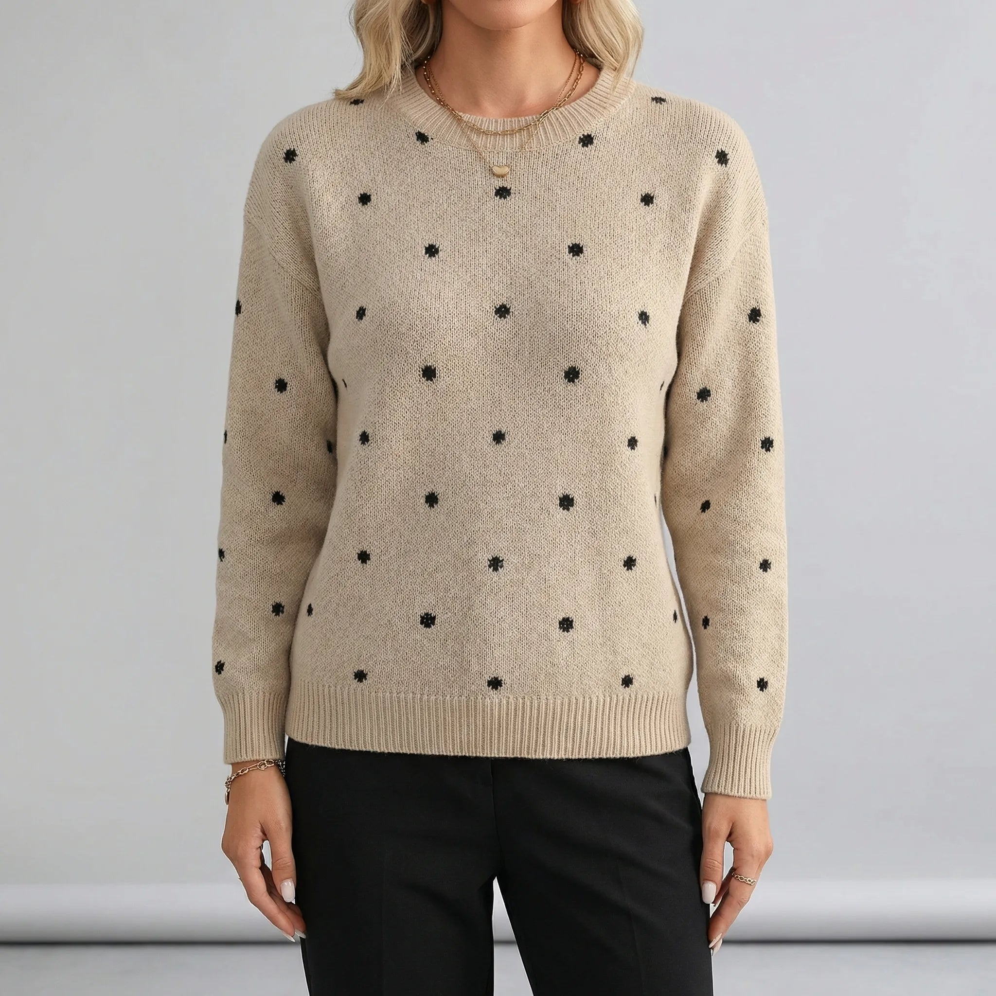 Women's Relaxed Fit Polka Dot Sweater Crewneck Long Sleeve Knit