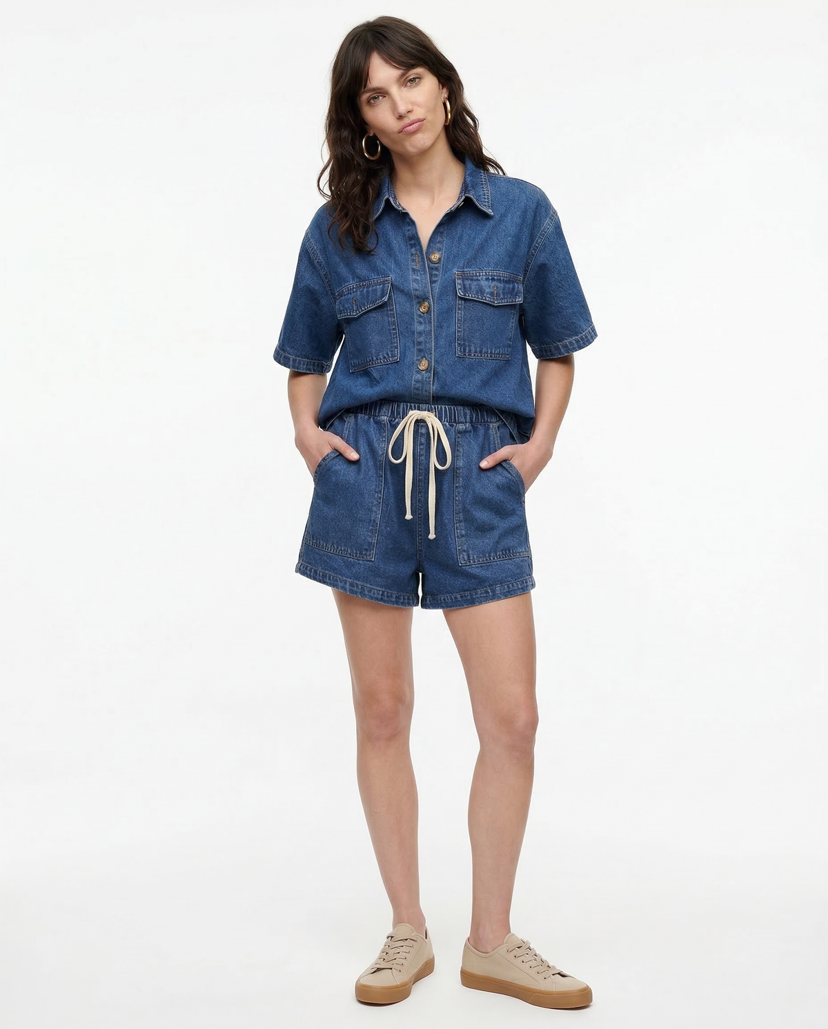 Women's Denim Two-Piece Set – Button-Down Top, Drawstring Shorts