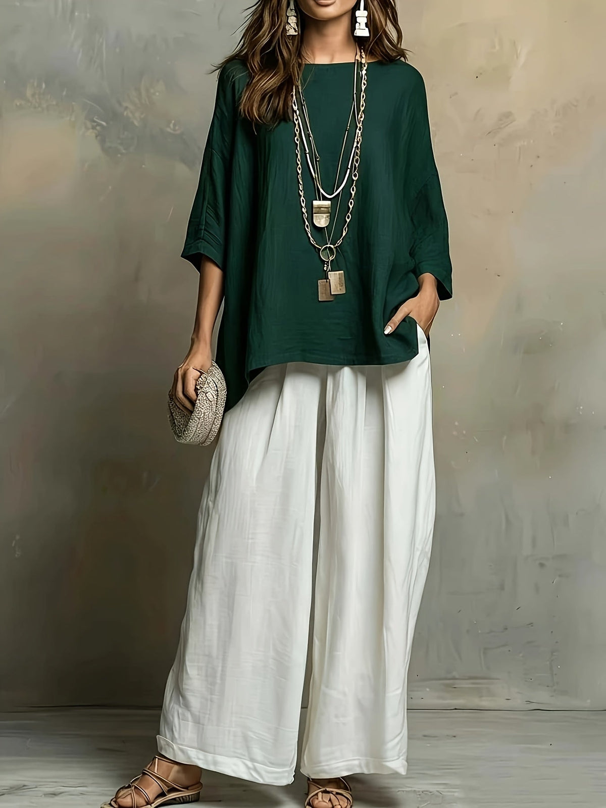 Women's 2pc Set Round Neck 3/4 Sleeve Loose Top High-Waist Wide-Leg Pants Casual Vacation