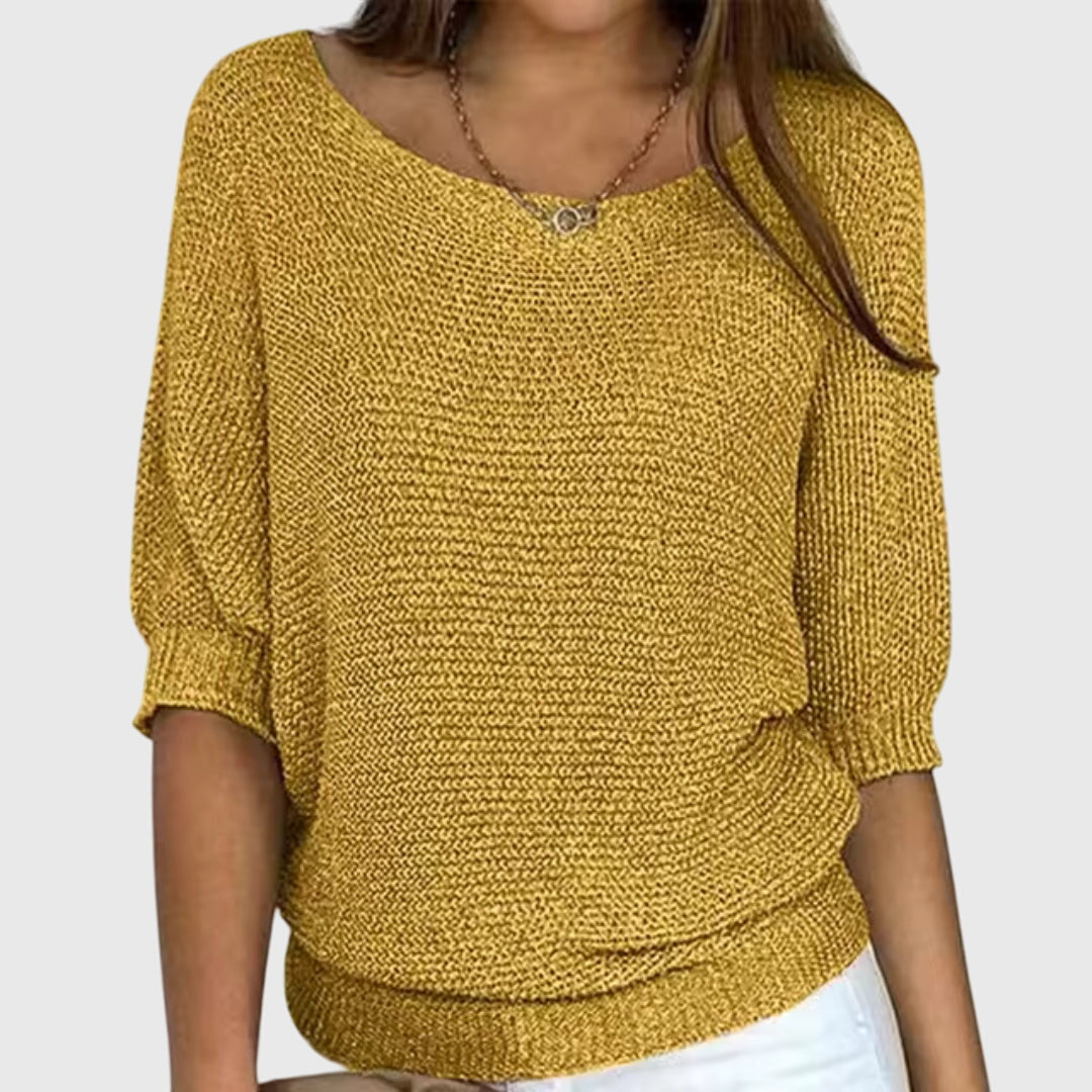 Women's Knit Sweater Boat Neck 3/4 Sleeve Lightweight Casual Pullover