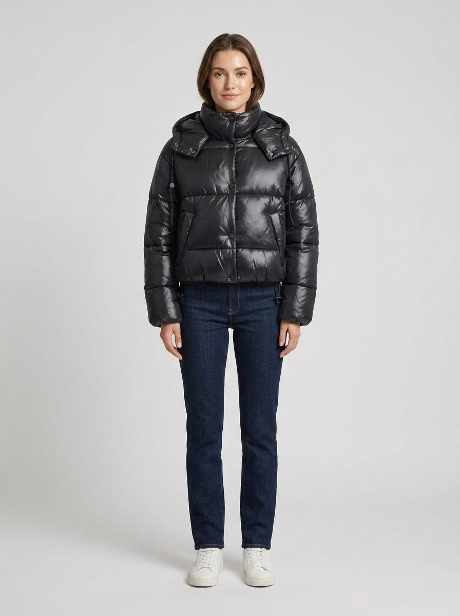 Women's Cropped Puffer Jacket High Collar Hooded Quilted Zip Winter Outerwear