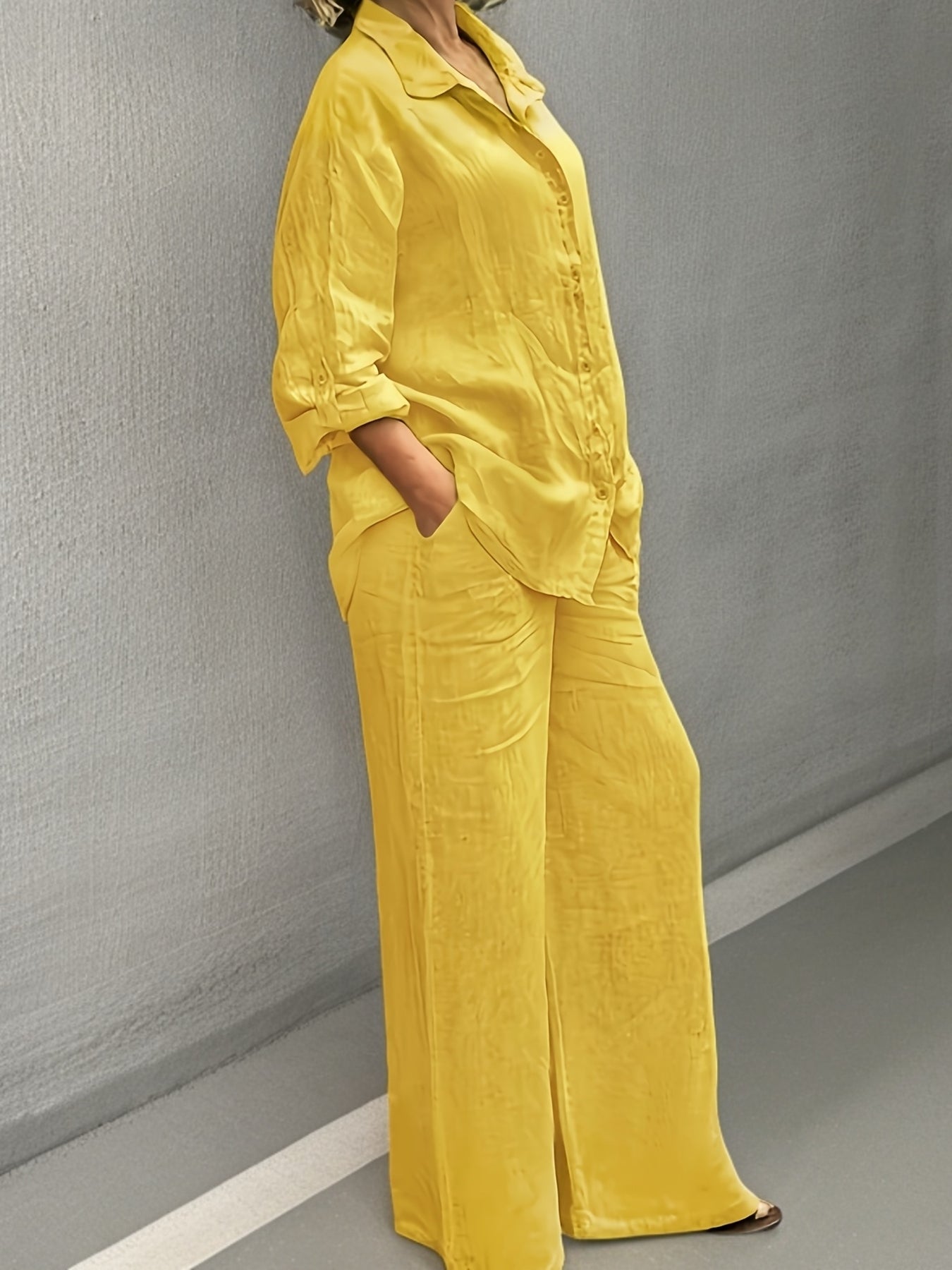 Women's Button Down Shirt and Wide-Leg Pants Set Collar Long Sleeve Slim Fit Casual Outfit