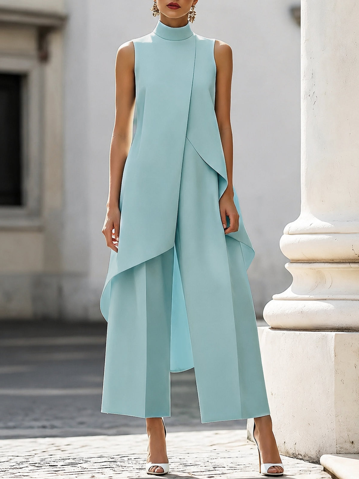 Women's 2 Piece Set Asymmetric High Neck Sleeveless Wide Leg Pants Outfit