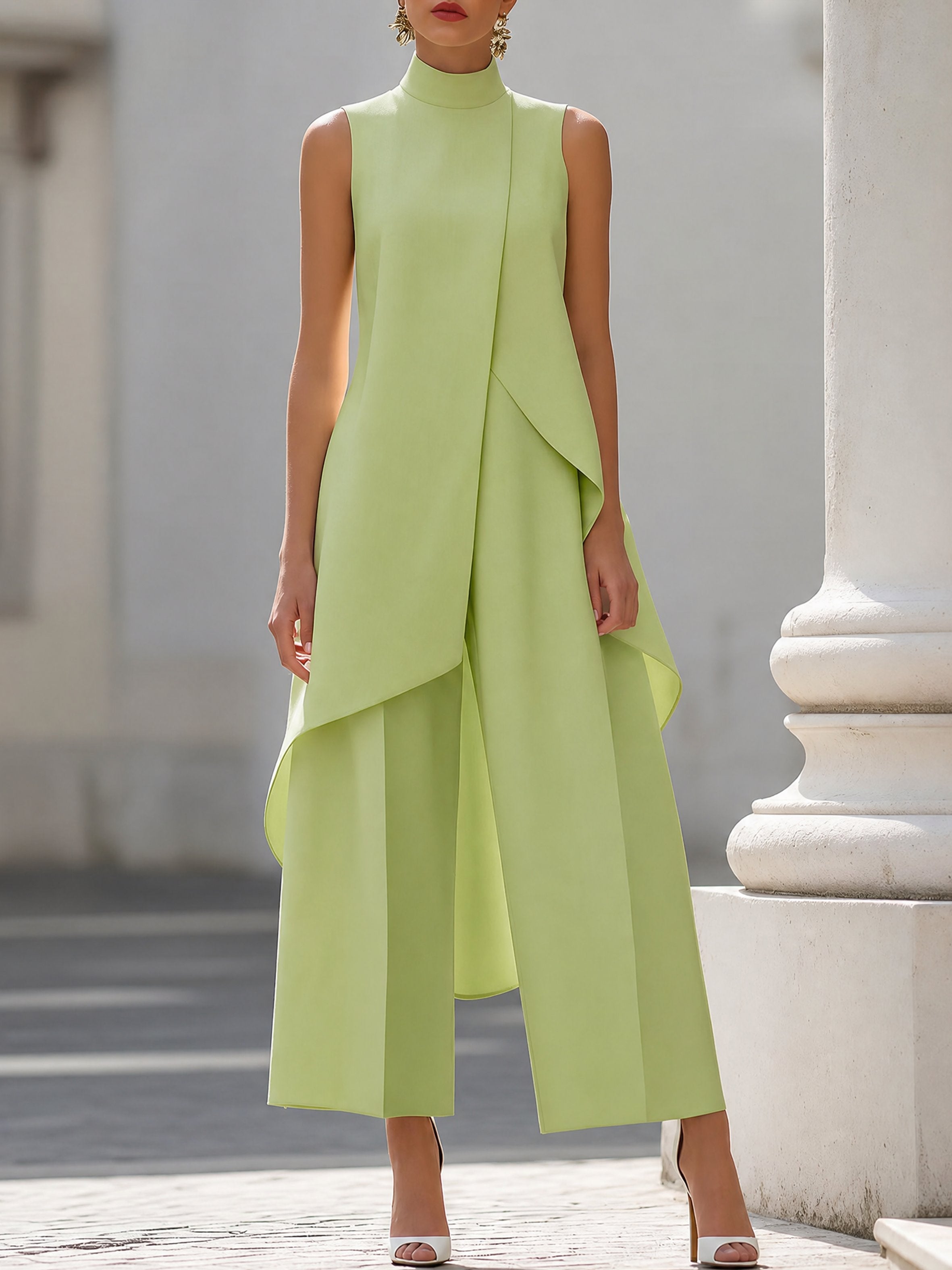 Women's 2 Piece Set Asymmetric High Neck Sleeveless Wide Leg Pants Outfit