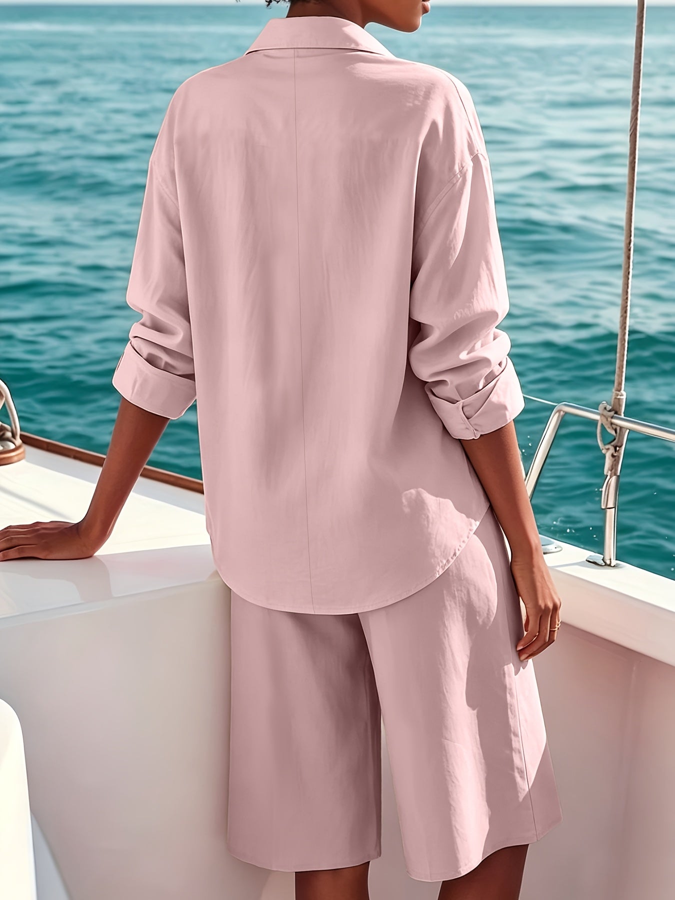Women's Casual Set Solid Color Button-Up Shirt Long Sleeve Collared Bermuda Shorts