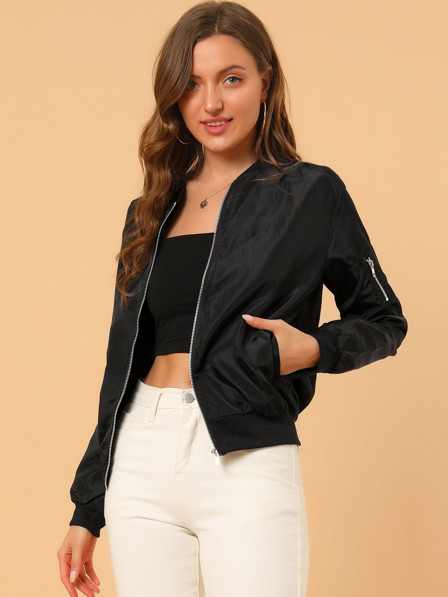 Women's Bomber Jacket Zip Up Stand Collar Long Sleeve Ribbed Cuff Casual Outerwear