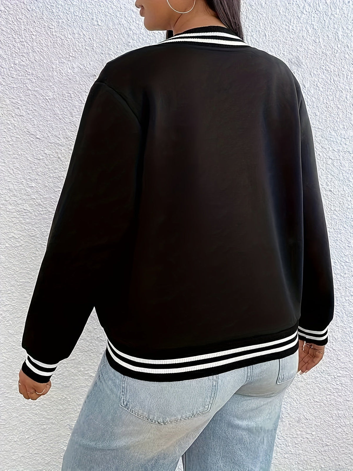 Women's Bomber Jacket Striped Trim Ribbed Drop Shoulder Snap Button Closure Casual